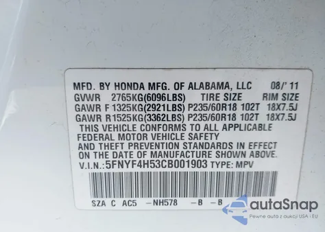 2012 Honda Pilot Ex-L from USA, damaged, VIN 5FNYF4H53CB001903